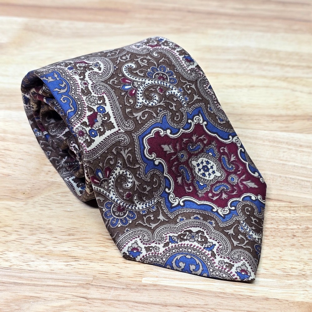 Christian Dior Silk Tie Paisley Pattern Brown Red Blue Made in USA‎
